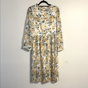 Victorian Chiffon Pleated Midi Dress Coquette Girl Doll Yellow Rose Print Modest